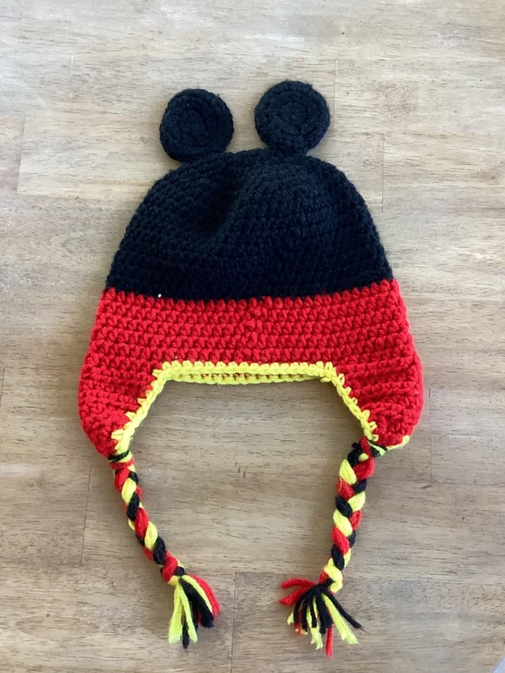 Hand made Mickey Mouse crocheted Mickey ears toddler kids beanie winter hat EUC